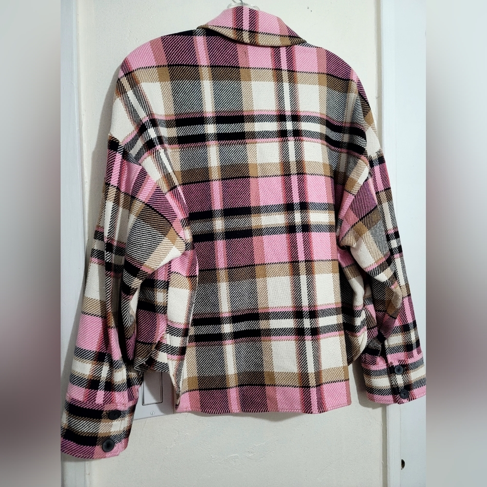 Zara Shacket Womens Size Small Pink Plaid Check Overshirt Oversized Long Sleeve - Picture 10 of 16